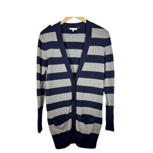 Vince Cashmere Navy Blue Gray Striped Long Sleeve Pocket Cardigan Sweater Small